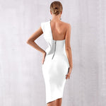 One Shoulder Bandage Sexy Ruffles Midi Bodycon Club Dress 148