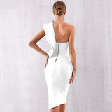 One Shoulder Bandage Sexy Ruffles Midi Bodycon Club Dress 148