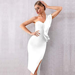 One Shoulder Bandage Sexy Ruffles Midi Bodycon Club Dress 148