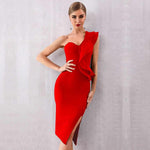 One Shoulder Bandage Sexy Ruffles Midi Bodycon Club Dress 148