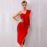 One Shoulder Bandage Sexy Ruffles Midi Bodycon Club Dress 148