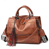 (34) Retro High Quality Leather Wide Shoulder Strap Shoulder Bag with Tassel for Women