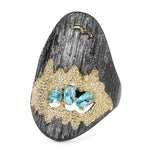 Gun Black Metal Black Beard With Blue Cubic Zirconia Over Gold Metal Ring R18