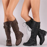 Calf High, Lace Up, Low Heeled Sexy Steampunk PU Leather 3 Retro Belt Straps Boots 63