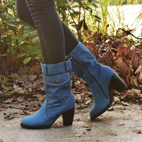 Unique Denim Design Mid-Calf Pocket, High Heel Boots 100