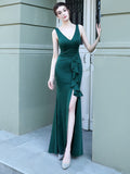 Women Sexy Party Soft Satin V Scoop Slit Evening Maxi Dress 59