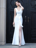 Women Sexy Party Soft Satin V Scoop Slit Evening Maxi Dress 59