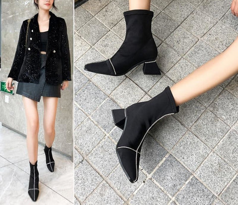 Slim Stretch Ankle High, Pointed Toe Sock, Square High Heel Cotton Fabric Boots 73