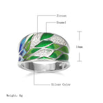 Unique Silver Color Elegant Handmade Enamel inlay Green & Blue Bamboo Leaves With Cubic Zirconia  Ring R19