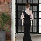 Elegant One Shoulder Soft Satin Evening , Women Faux Crystal Party Maxi Dress Long Dress 156