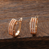 Rose Gold Color Geometry Three Rows Paved Cubic Zirconia Latch Back Earrings E32