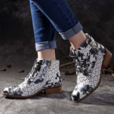 Floral/Insect Painting Motif, PU Leather Splicing Lace-Up Stitching Boots 07