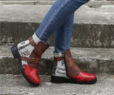 Embossed Floral motif, PU Leather Splicing Low Heel Ankle Boots with Buckle Straps 35