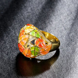 Gold Color Mosaic Enamel Stained Glass look With Cubic Zirconia Ring R35