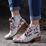 Floral/Insect Painting Motif, PU Leather Splicing Lace-Up Stitching Boots 07