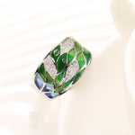 Unique Silver Color Elegant Handmade Enamel inlay Green & Blue Bamboo Leaves With Cubic Zirconia  Ring R19