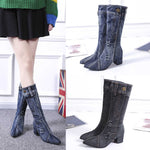 Thick Medium Heel, Pointed Toe, Zipper and Button Closure Plaid Cowboy Denim Boots 84