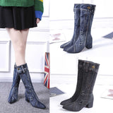 Thick Medium Heel, Pointed Toe, Zipper and Button Closure Plaid Cowboy Denim Boots 84