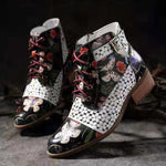 Floral/Insect Painting Motif, PU Leather Splicing Lace-Up Stitching Boots 07