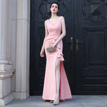 Women Sexy Party Soft Satin V Scoop Slit Evening Maxi Dress 59