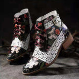 Floral/Insect Painting Motif, PU Leather Splicing Lace-Up Stitching Boots 07