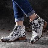 Floral/Insect Painting Motif, PU Leather Splicing Lace-Up Stitching Boots 07