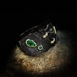 Exaggerated Geometric Black Ring with Green and Blue Cubic Zirconia R69