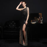 Elegant One Shoulder Slit Gold Sequin Evening Dress 59