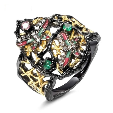 Black & Gold Color Metal With Enamel and multi-Colored Cubic Zirconia Ring R30