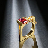 Yellow Gold Color Red and White Cubic Zirconia Geometric Ring R74