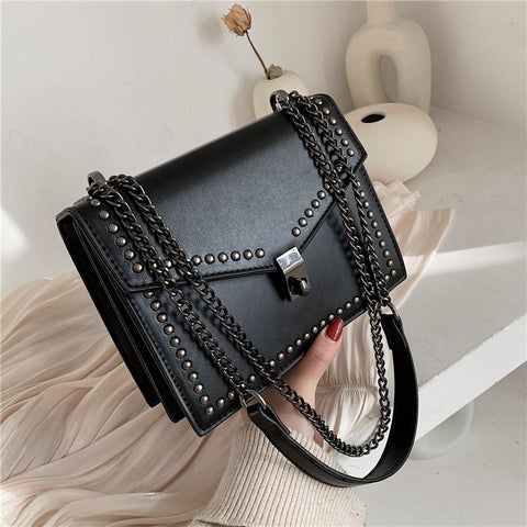 (26S) Scrub PU Leather Chain Strap Rivet Decorations with Twist Turn Lock Fashion Shoulder Simple Bags For Women