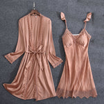 2 Pieces Women's Faux Silk Sleepwear Sets Embroidery Lace Bath Gown