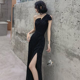 Elegant Sleeveless Mermaid Sequin Fancy Asymmetric Evening Split Dress 107