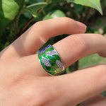 Unique Silver Color Elegant Handmade Enamel inlay Green & Blue Bamboo Leaves With Cubic Zirconia  Ring R19