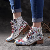 Floral/Insect Painting Motif, PU Leather Splicing Lace-Up Stitching Boots 07