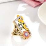 Antique Gold Color Hot Colorful Enamel Flower Ring Mosaic With White Crystal R27