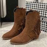 Fashion Fringed Ankle High Low-heeled Pointed Toe Cowboy Knight Flock/PU Leather Boots 85