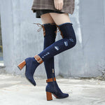 Slim Thigh High Denim Chunky High Heels with Belt Buckle Boots 69