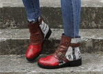 Embossed Floral motif, PU Leather Splicing Low Heel Ankle Boots with Buckle Straps 35