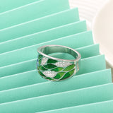 Unique Silver Color Elegant Handmade Enamel inlay Green & Blue Bamboo Leaves With Cubic Zirconia  Ring R19