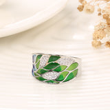 Unique Silver Color Elegant Handmade Enamel inlay Green & Blue Bamboo Leaves With Cubic Zirconia  Ring R19