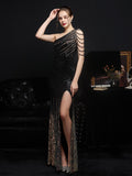 Elegant One Shoulder Slit Gold Sequin Evening Dress 59