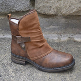 Ankle Height, Plush Lining, Zipper Closure with Belt Strap accessory Low Heel Pu Leather Boots 51