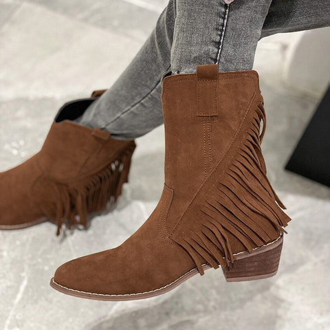 Fashion Fringed Ankle High Low-heeled Pointed Toe Cowboy Knight Flock/PU Leather Boots 85