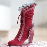 High Heel Faux Suede Lace Up Boots with Ruffles 70