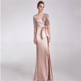 V-Neck Elegant Half-Sleeve Evening Dress with Elegant Bow 29