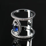 Fancy 2 Rings Silver Colored Bridged By Marquise Shape Silver Color, Oval Blue Cubic Zirconia Ring R36