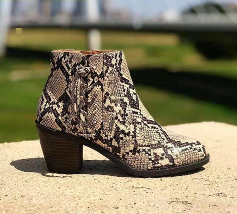 Ankle High Snake, Leopard Style Pattern and Black, Mid Heel Slip-On with Zipper Closure PU Leather or Flock Boots 80