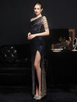 Elegant One Shoulder Slit Gold Sequin Evening Dress 59