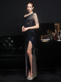 Elegant Asymmetric, Sequin Slit Evening Dress 55